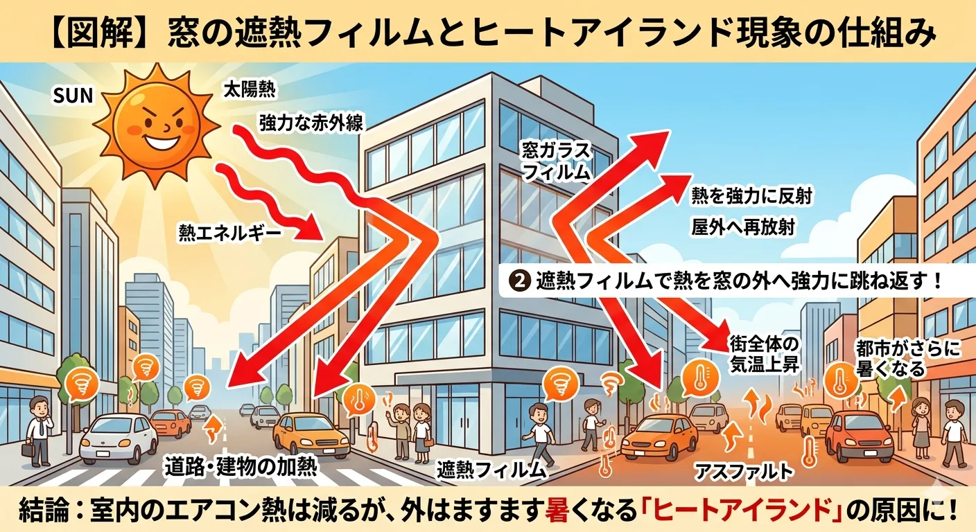 【お客様からの鋭い質問!】窓の遮熱フィルムとヒートアイランド現象。なぜ「フィルムを貼る」ことが最大の環境対策になるのか?