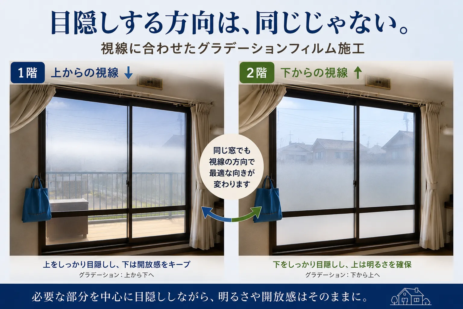 【戸建て】1階・2階で向きを変えたグラデーション目隠しフィルム施工