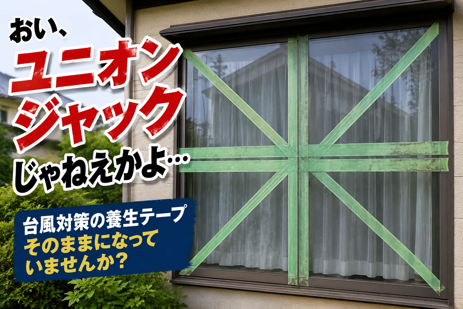 窓がユニオンジャックに!? 台風対策の養生テープ、そのままになっていませんか?