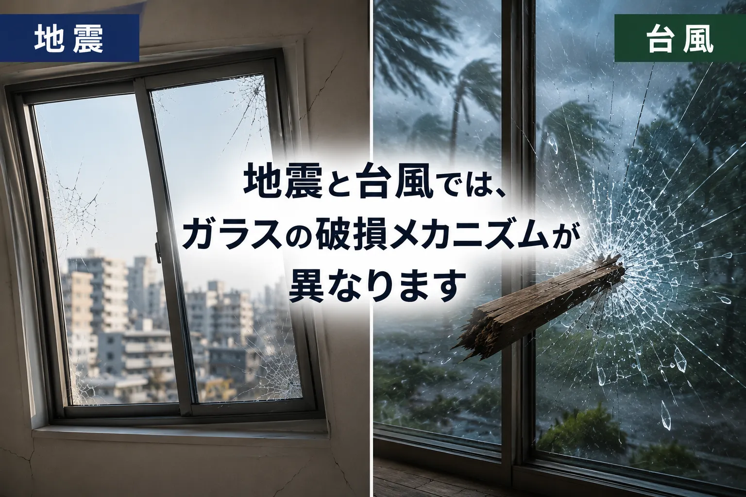 地震と台風では、ガラスの破損メカニズムが異なります